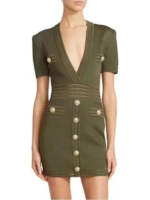 Button-Embellished V-Neck Mini Dress Green - Dresses