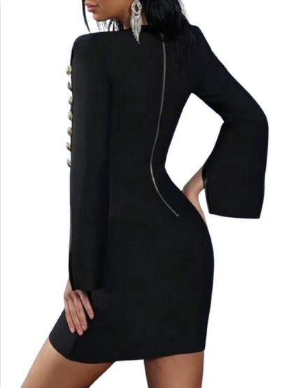 Button-Embellished V-Neck Split-Sleeve Mini Dress - Dresses