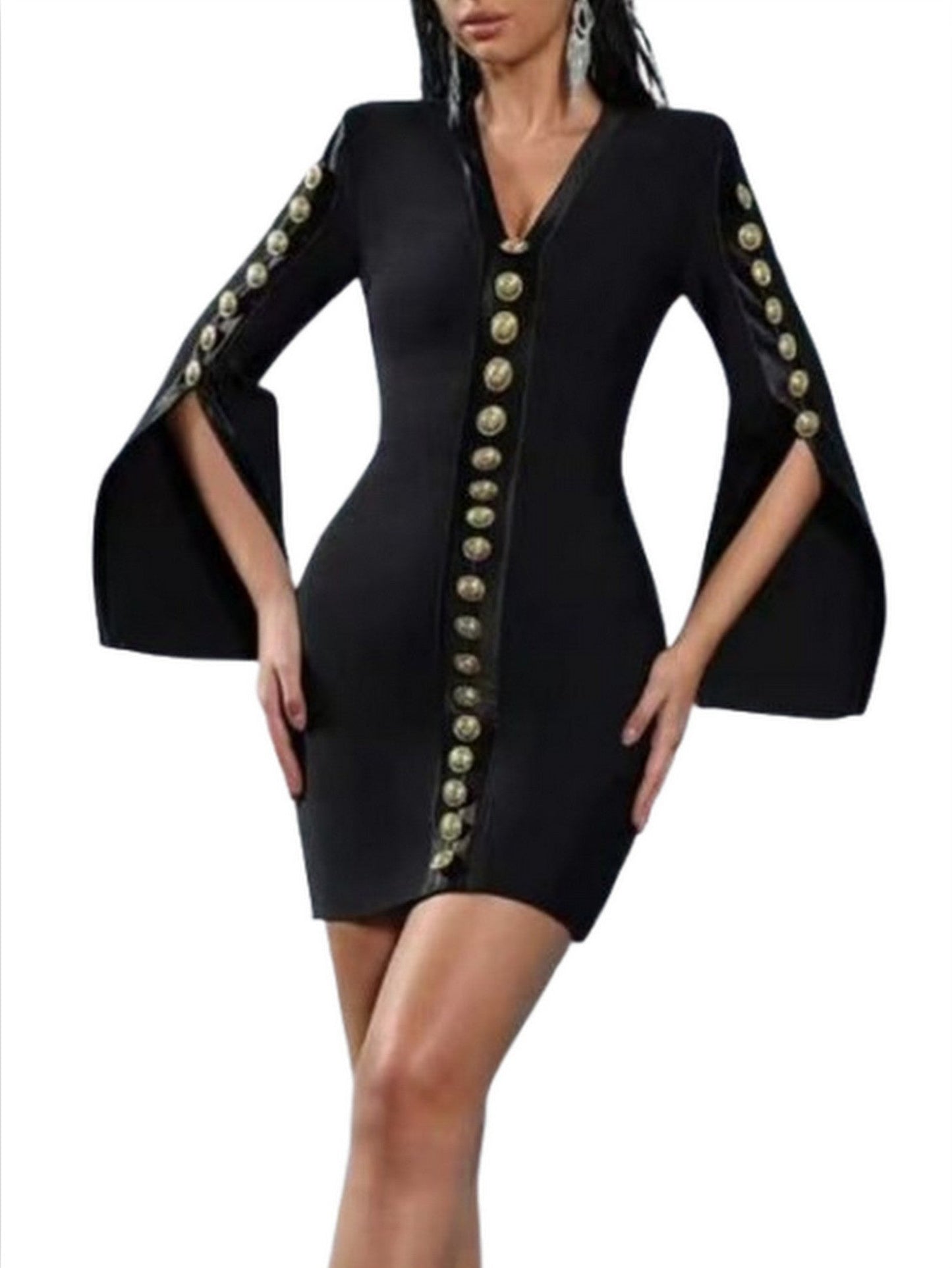 Button-Embellished V-Neck Split-Sleeve Mini Dress - Dresses