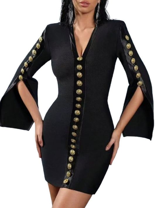 Button-Embellished V-Neck Split-Sleeve Mini Dress - Dresses