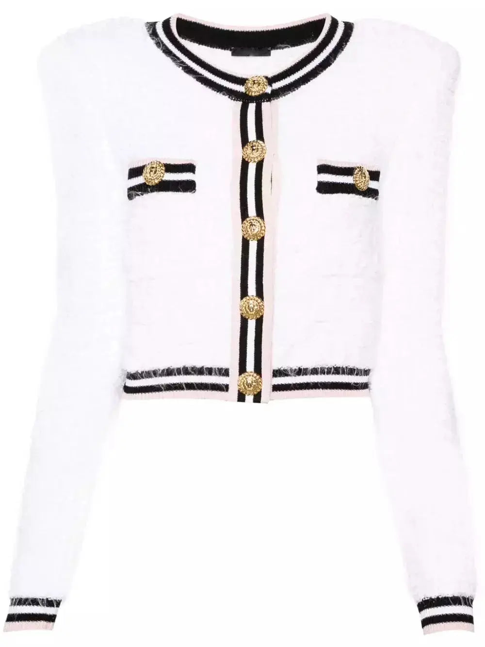 Button-Embellished White Boucle Tweed Cardigan Sweater - Sweaters & Knitwear