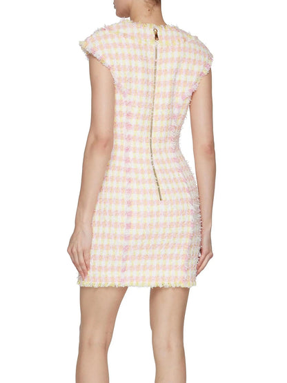 Button-Front Check Tweed Mini Dress - Dresses