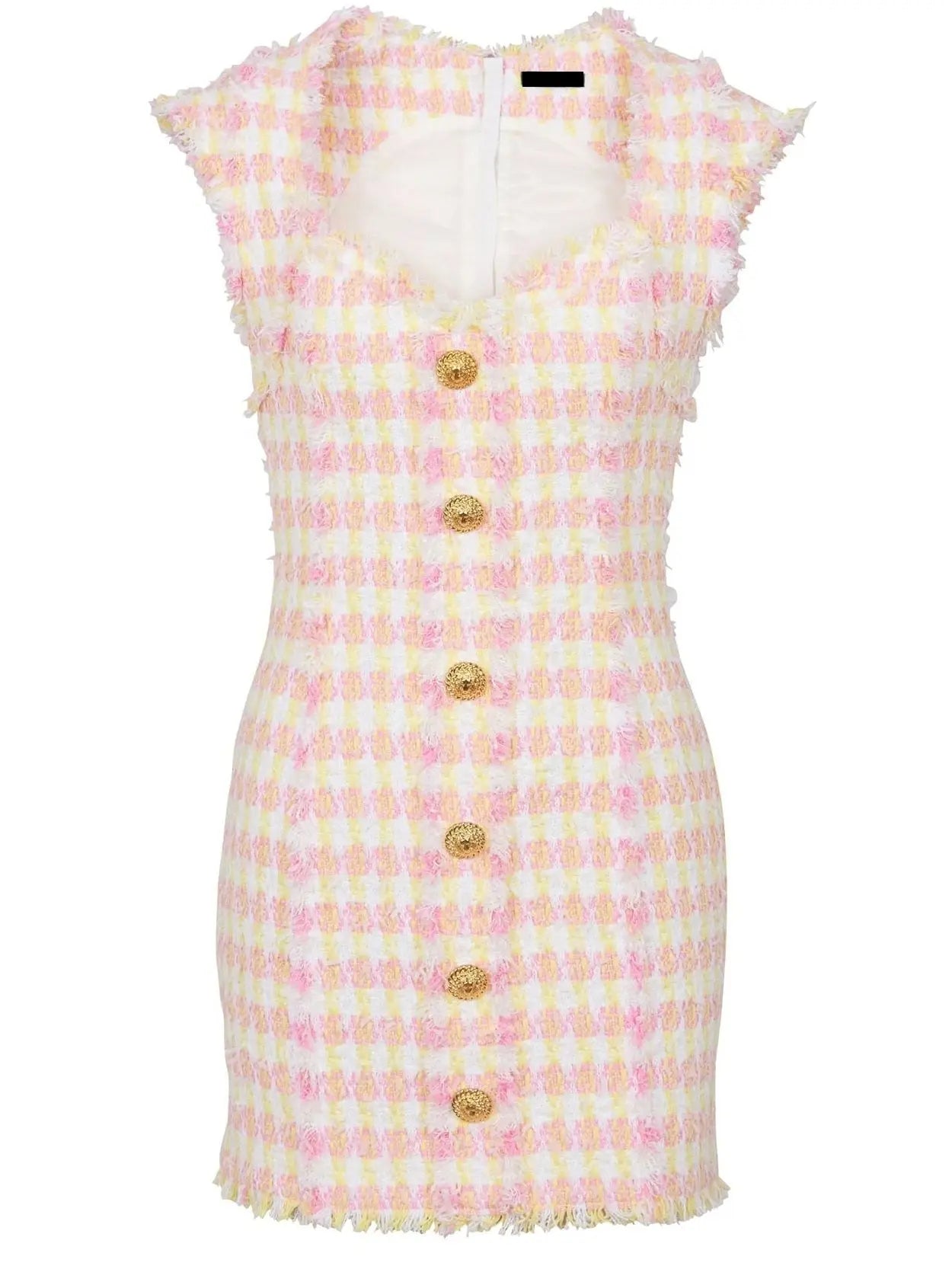 Button-Front Check Tweed Mini Dress - Dresses