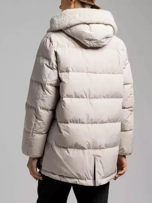 Button-Front Down Jacket with Shearling Collar - Jackets