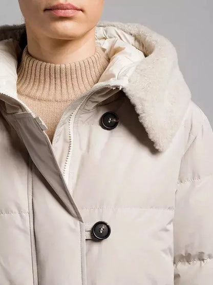 Button-Front Down Jacket with Shearling Collar - Jackets