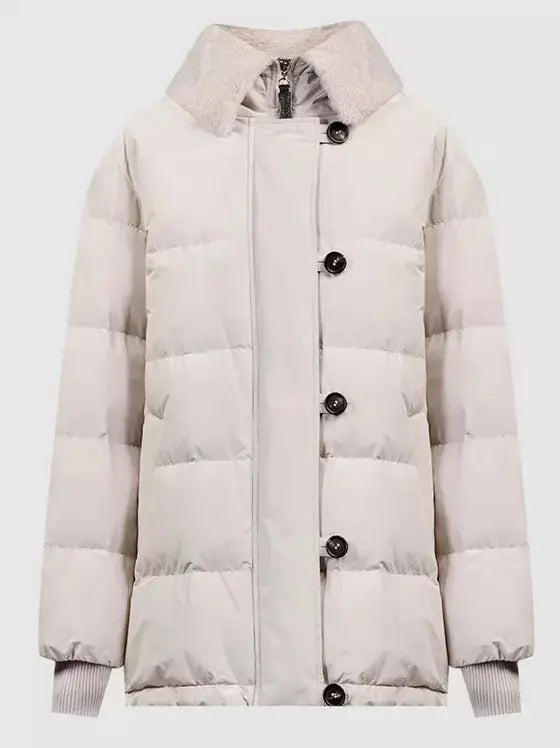 Button-Front Down Jacket with Shearling Collar - Jackets