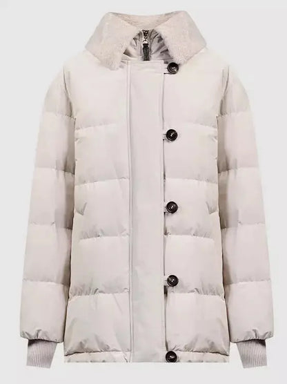 Button-Front Down Jacket with Shearling Collar - Jackets