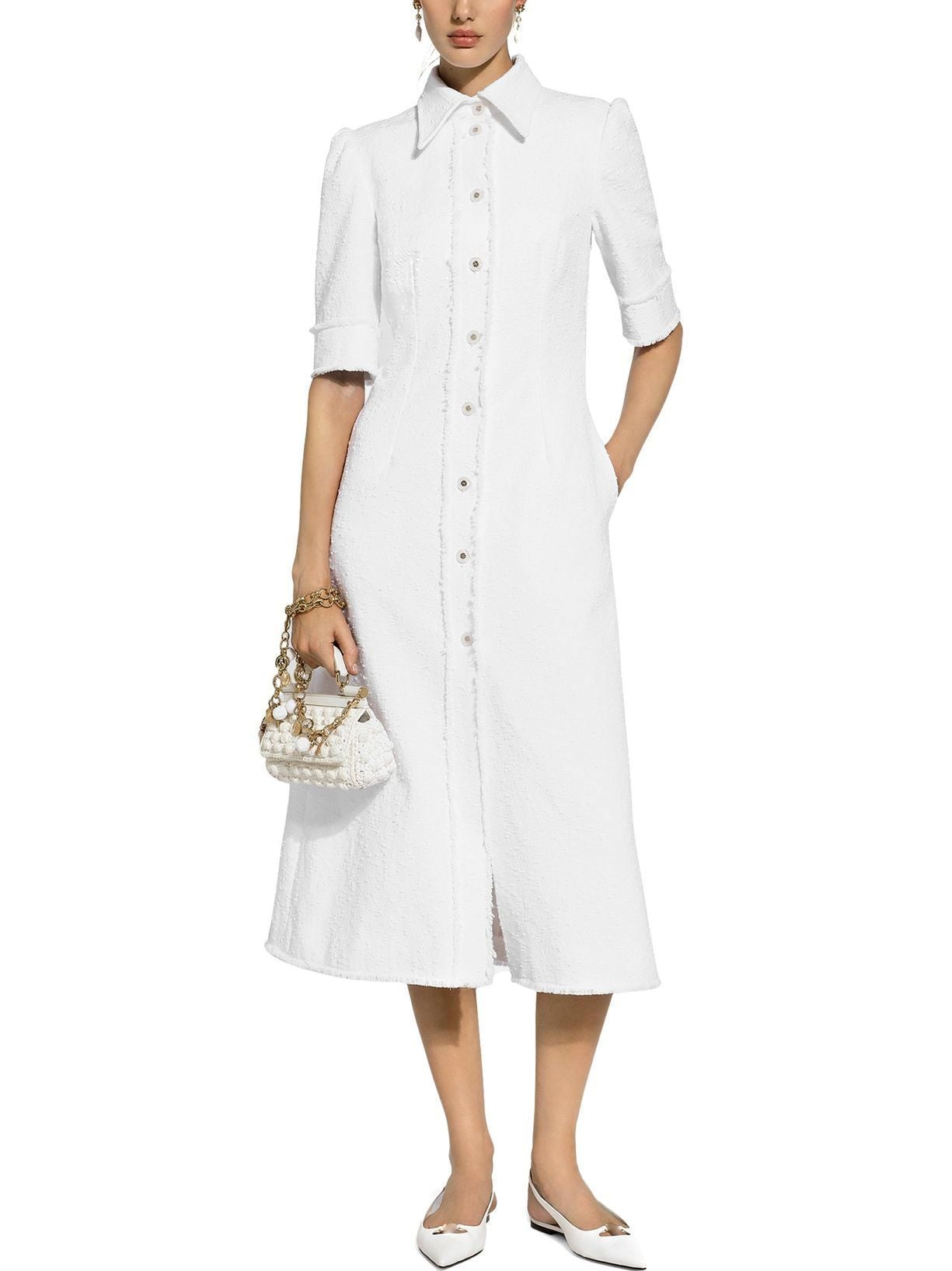 Button-Front Frayed Tweed White Midi Shirt Dress with elegant design and versatile style