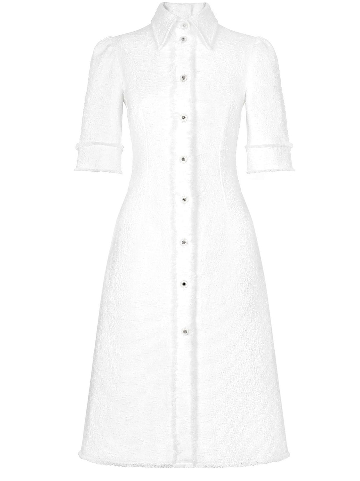 Button-Front Frayed Tweed White Midi Shirt Dress with buttons and collar detail