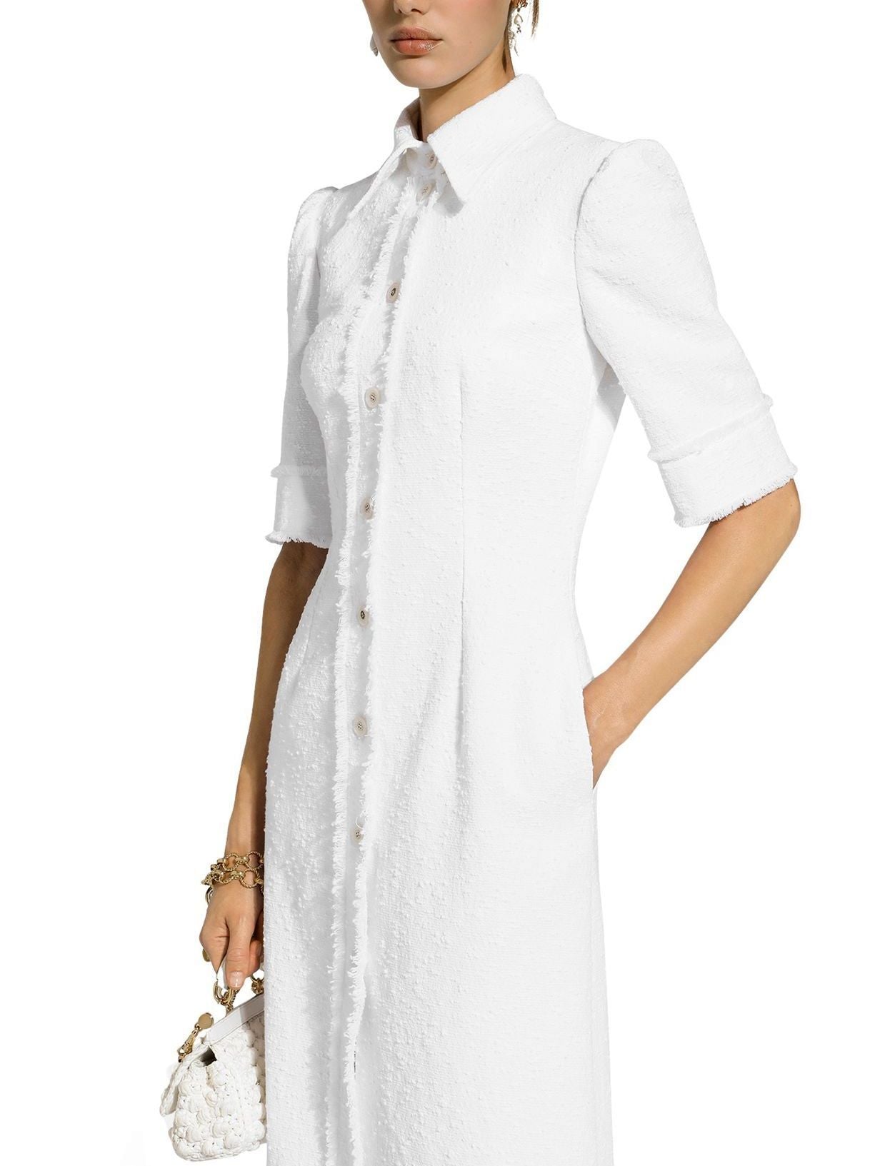 Button-Front Frayed Tweed White Midi Shirt Dress for a stylish, casual look