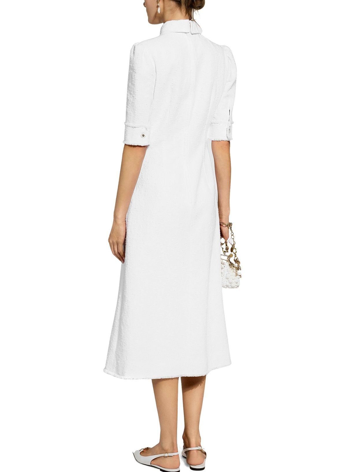 Button-Front Frayed Tweed White Midi Shirt Dress showcasing elegant frayed tweed white design