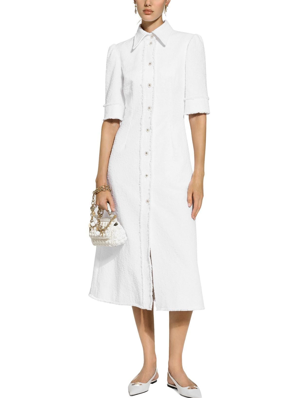 Frayed tweed white midi shirt dress with button-front design for a stylish look