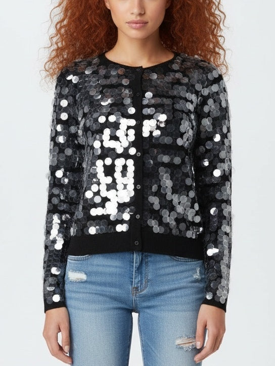 Button-Front Paillette Knit Cardigan - Small / Black - Sweaters & Knitwear
