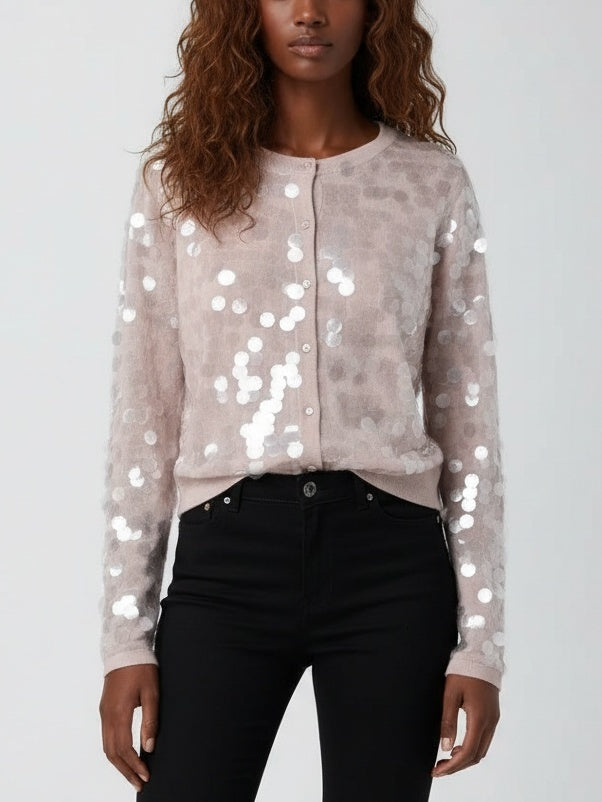 Button-Front Paillette Knit Cardigan - Small / nude - Sweaters & Knitwear