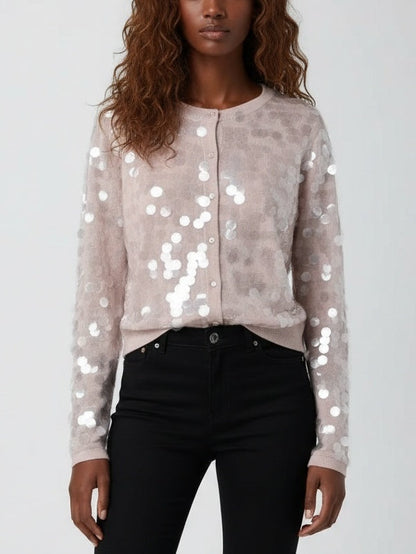 Button-Front Paillette Knit Cardigan - Small / nude - Sweaters & Knitwear