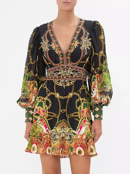 Black patterned button-front printed v-neck mini dress with crystals for stylish looks