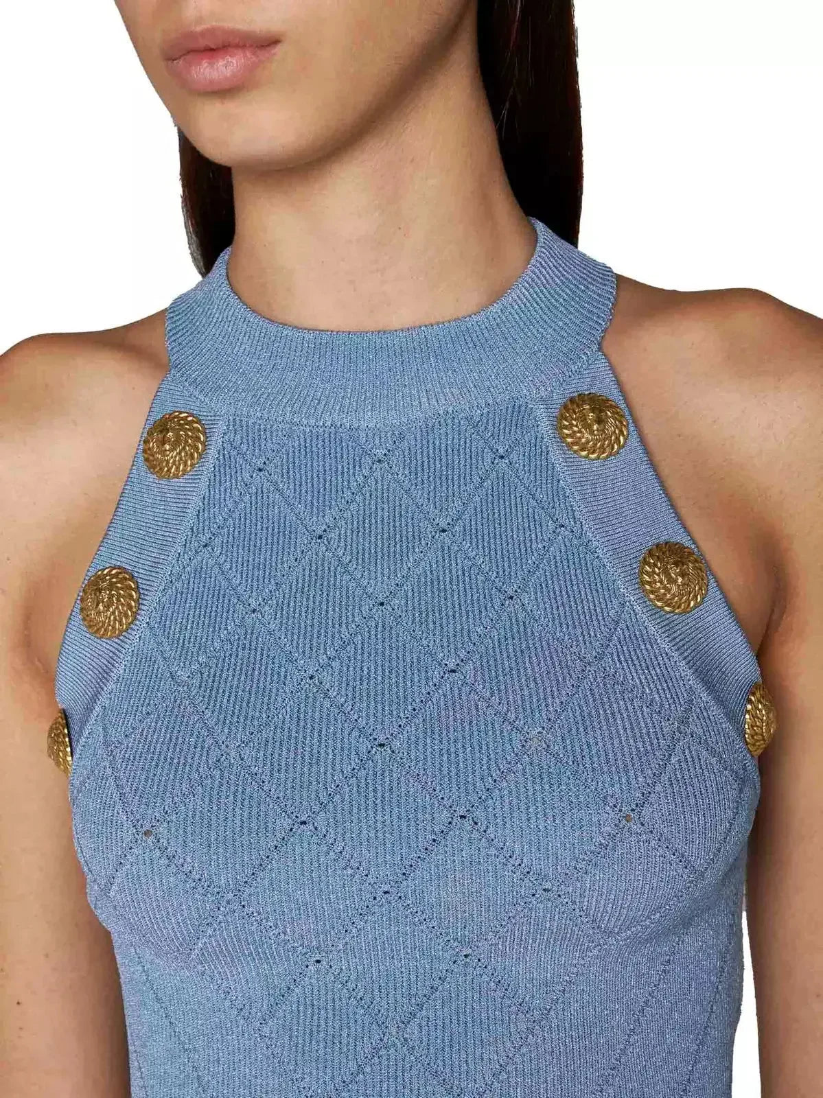 Button Knit Tank Top Blue - Tops