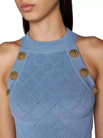 Button Knit Tank Top Blue - Tops
