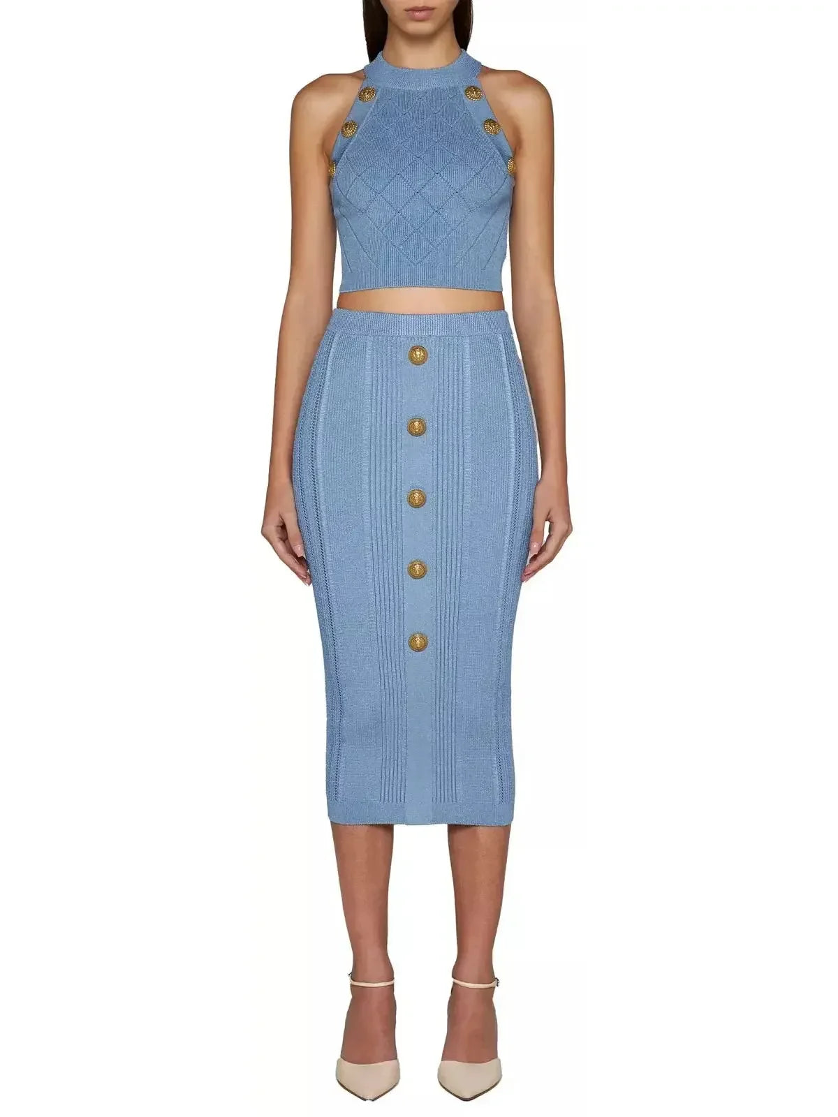 Button Knit Tank Top Blue - Tops