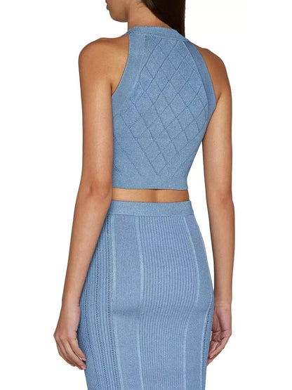Button Knit Tank Top Blue - Tops