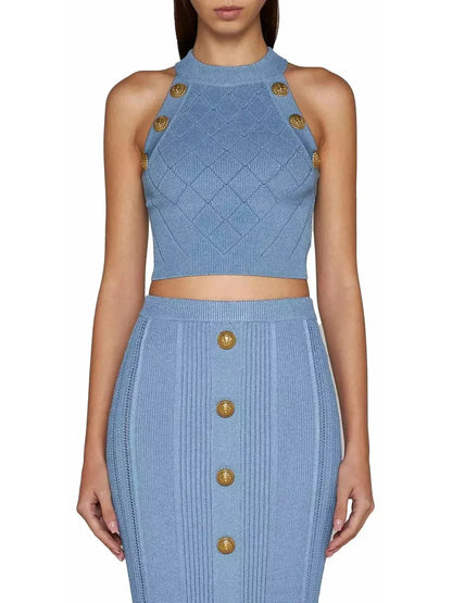 Button Knit Tank Top Blue - Tops