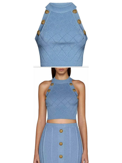 Button Knit Tank Top Blue - s - Tops