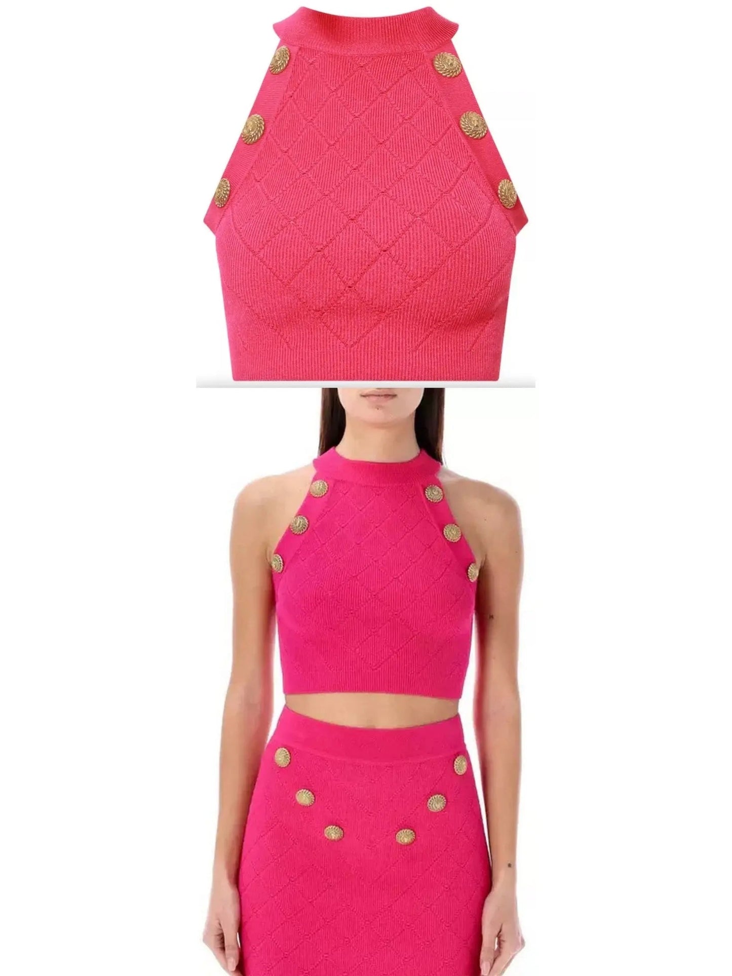 Button Knit Tank Top Fuchsia Pink - small - Tops