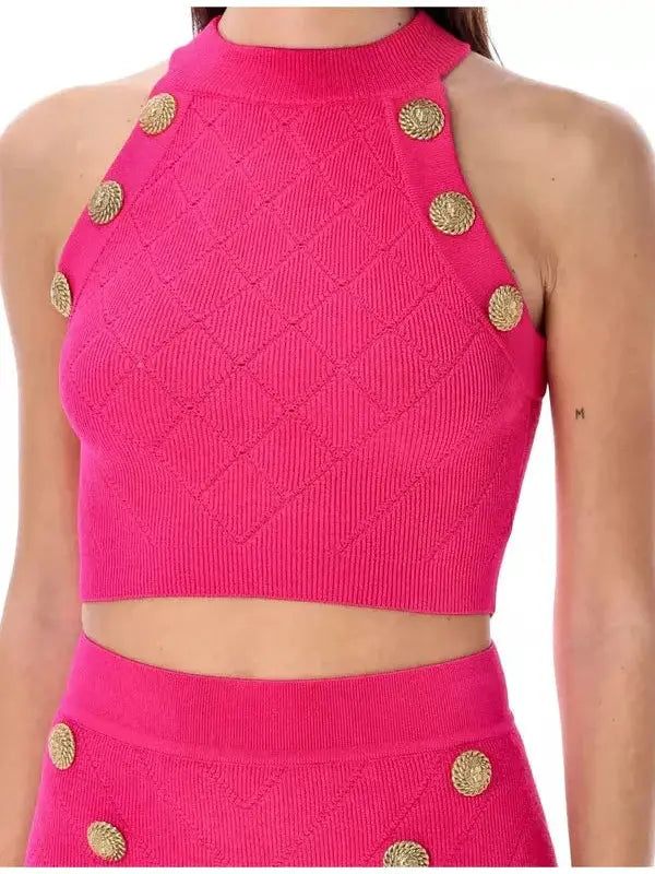 Button Knit Tank Top Fuchsia Pink - Tops