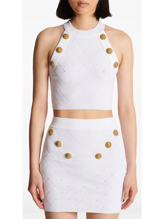 Button Knit Tank Top White - Tops