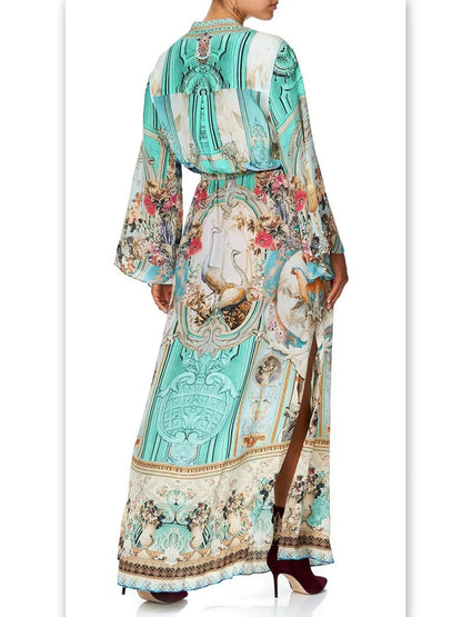 Button-Up Drawstring Celestial Print Silk Dress - Dresses