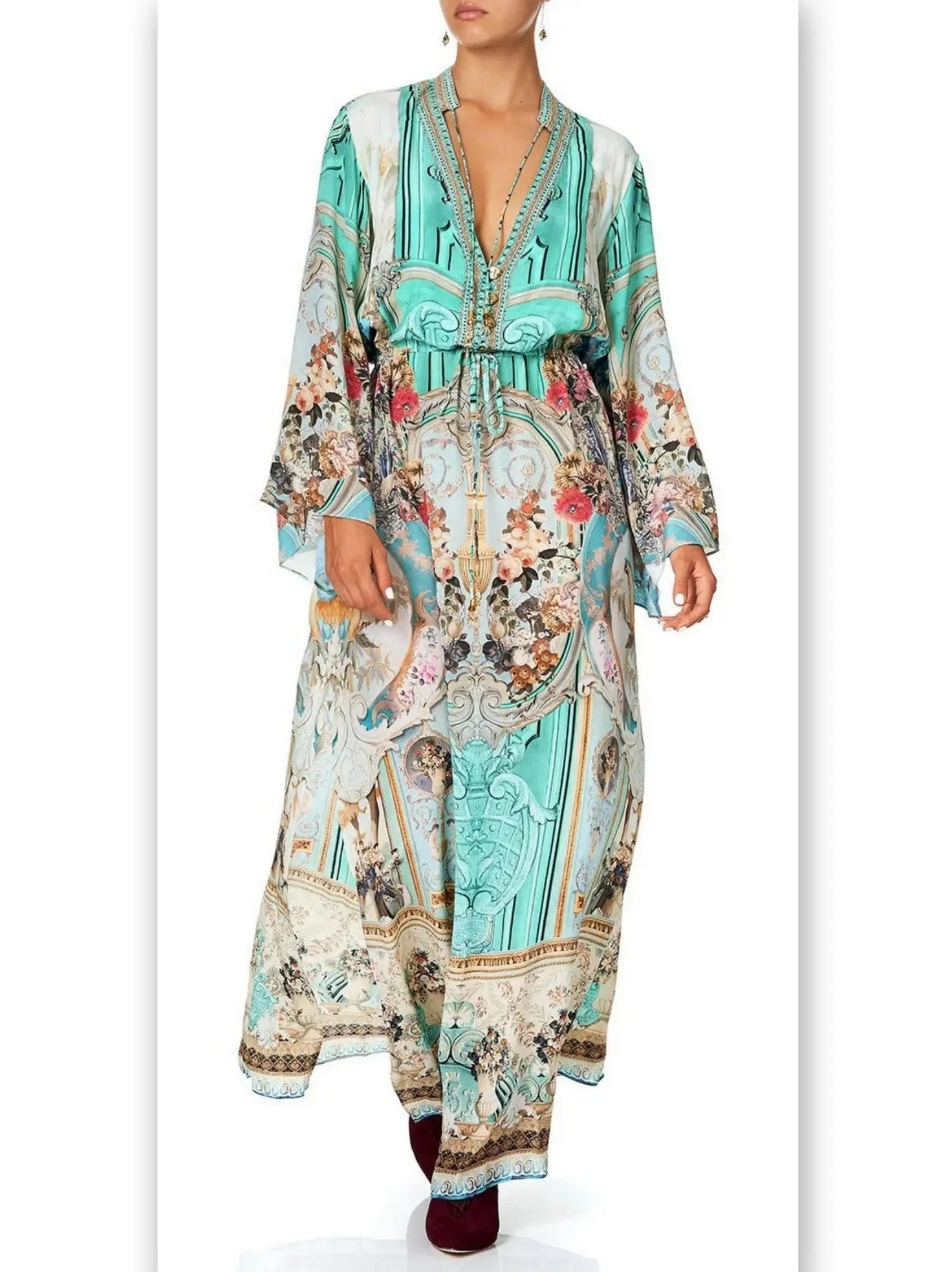 Button-Up Drawstring Celestial Print Silk Dress - Dresses