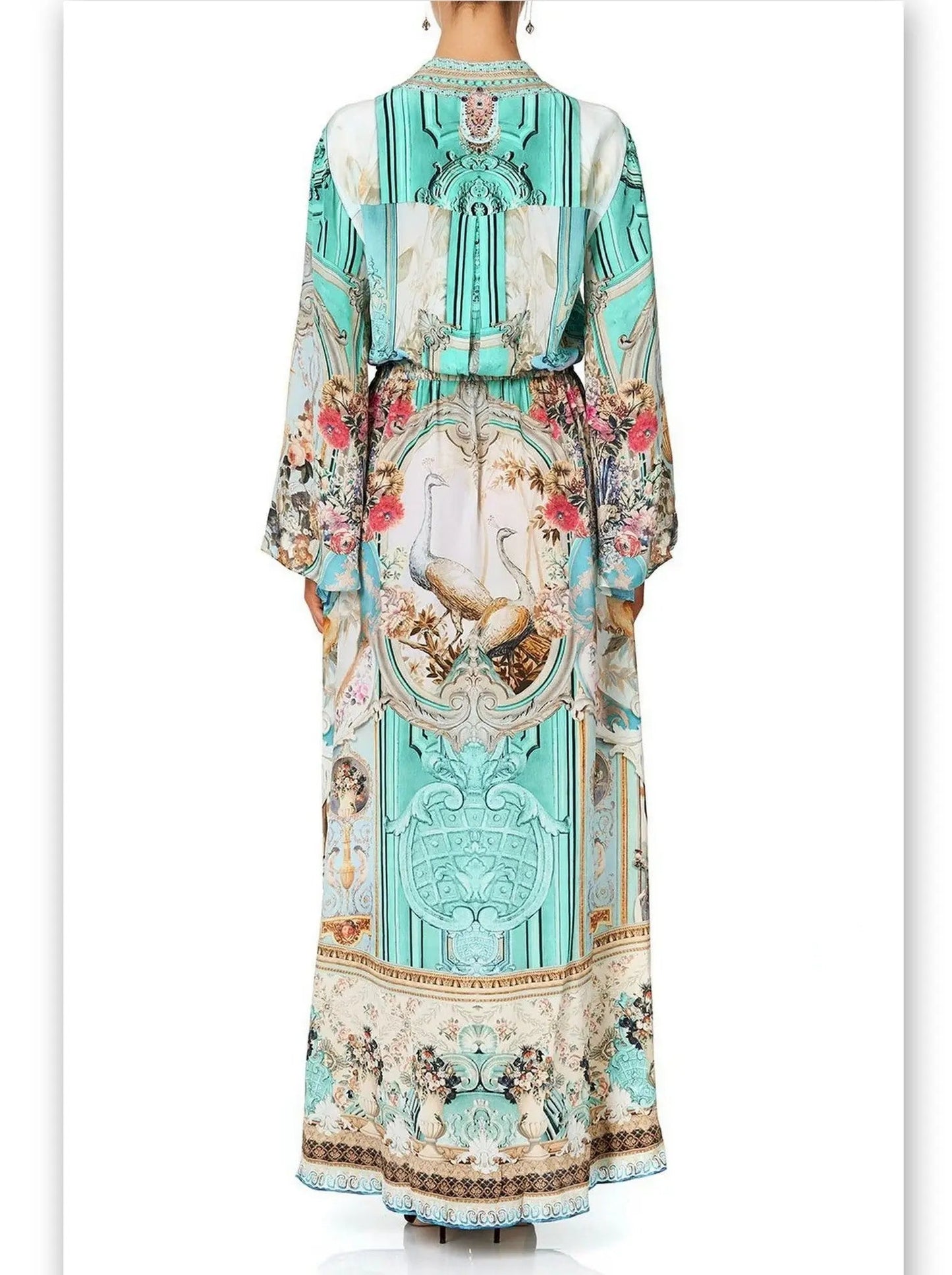 Button-Up Drawstring Celestial Print Silk Dress - Dresses