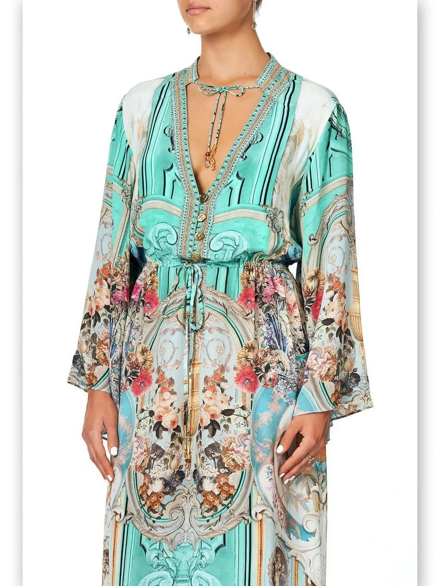 Button-Up Drawstring Celestial Print Silk Dress - Dresses