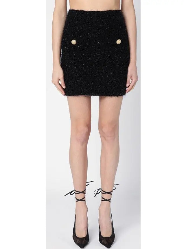 Buttoned Black Tweed Mini Skirt - Skirts