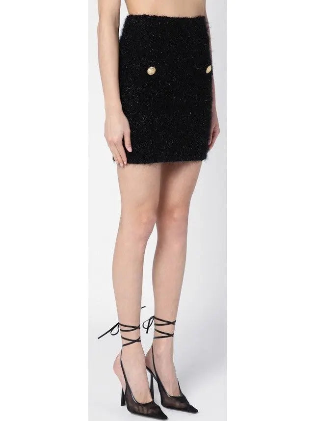 Buttoned Black Tweed Mini Skirt - Skirts