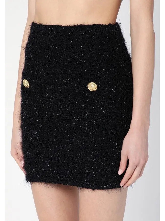 Buttoned Black Tweed Mini Skirt - Skirts