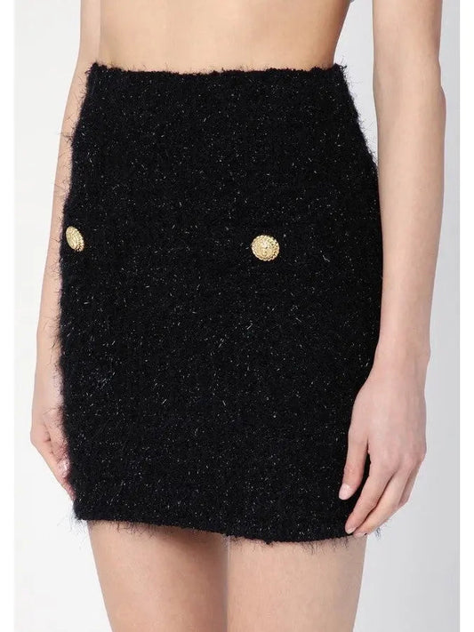 Buttoned Black Tweed Mini Skirt - Skirts