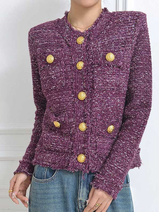 Buttoned Frayed Purple Tweed Jacket - Jackets