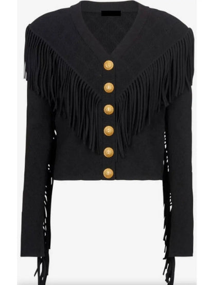 Buttoned Fringed Knit Cardigan - Sweaters & Knitwear