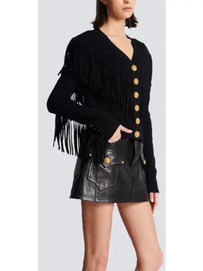 Buttoned Fringed Knit Cardigan - Sweaters & Knitwear