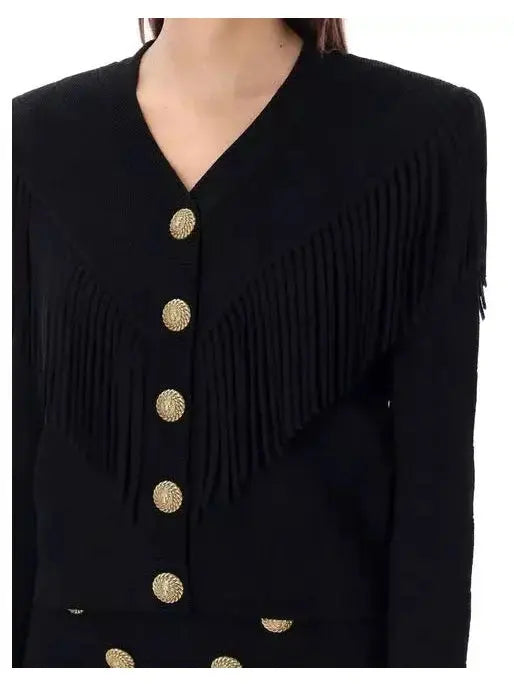 Buttoned Fringed Knit Cardigan - Sweaters & Knitwear