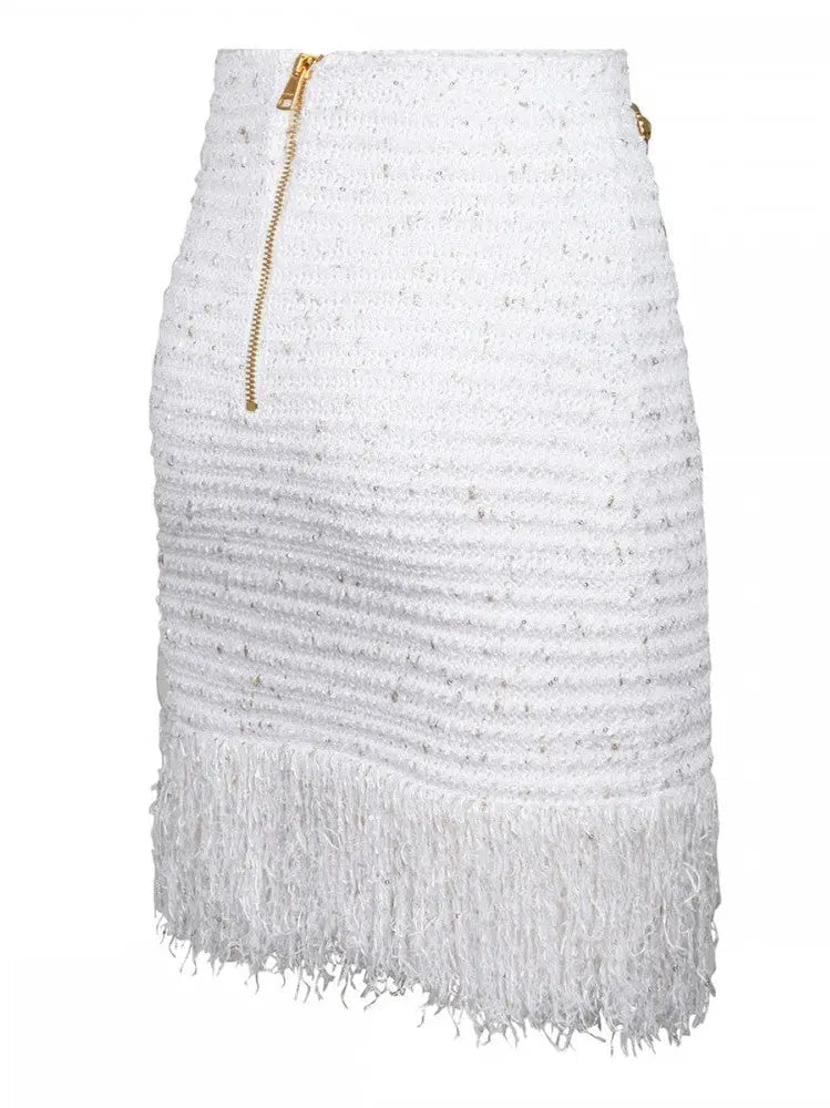 Buttoned Fringed Tweed Mini Skirt - Skirts