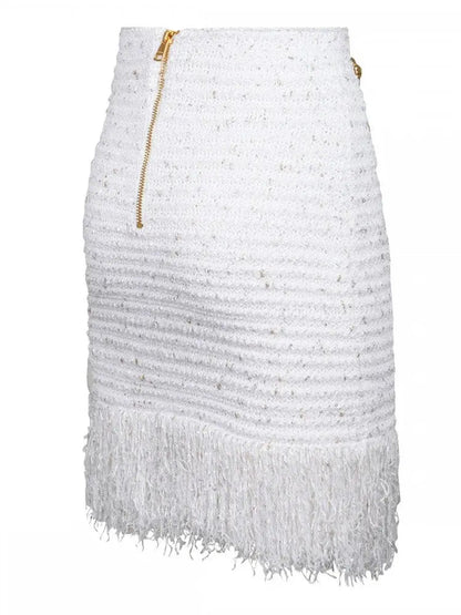 Buttoned Fringed Tweed Mini Skirt - Skirts