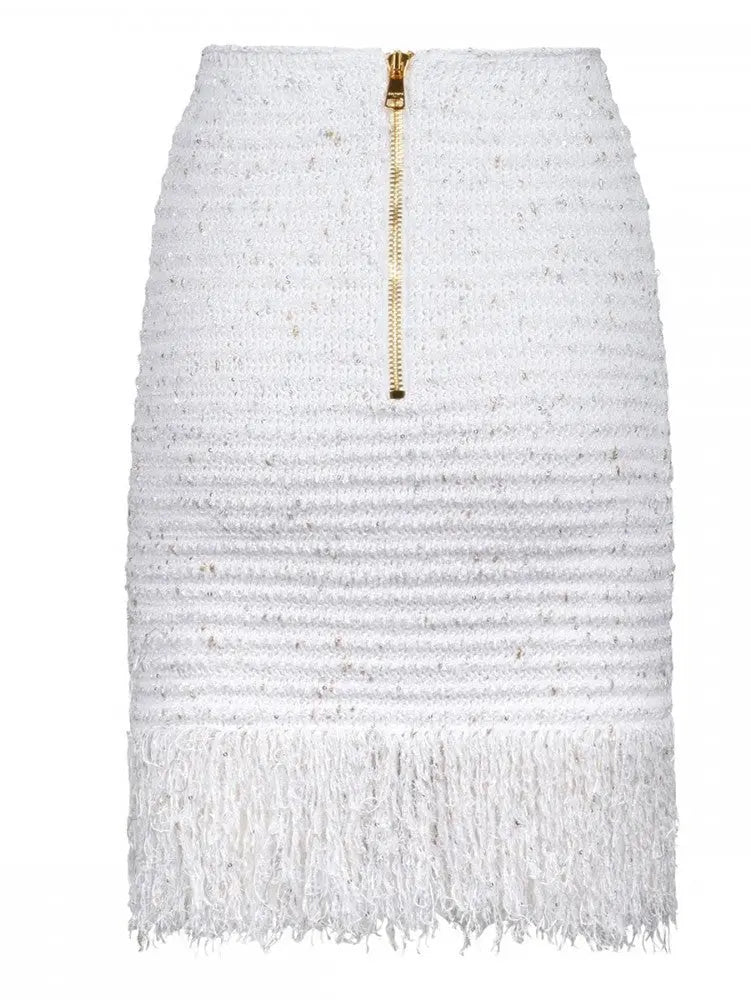 Buttoned Fringed Tweed Mini Skirt - Skirts