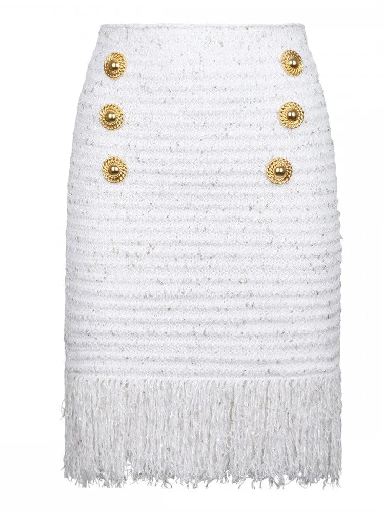 Buttoned Fringed Tweed Mini Skirt - Skirts