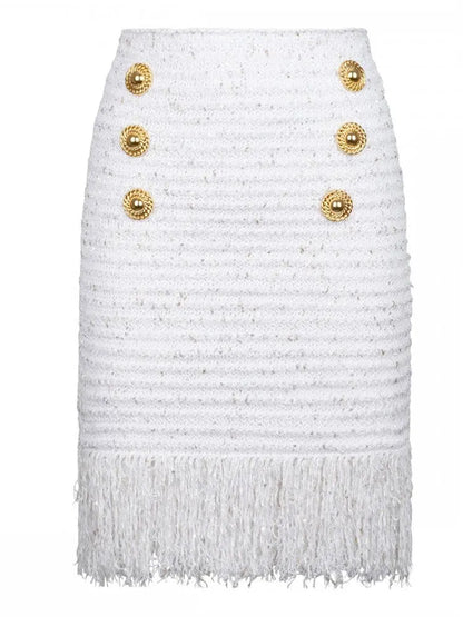 Buttoned Fringed Tweed Mini Skirt - Skirts