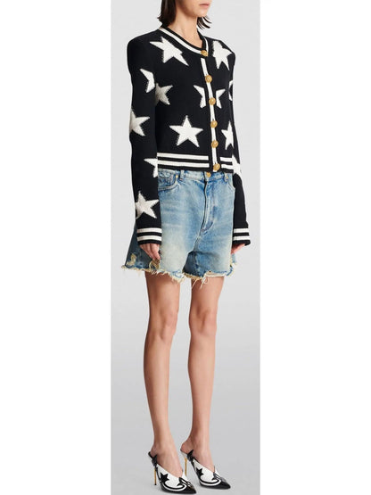 Buttoned Jacquard Star Knit Cardigan Sweater - Sweaters & Knitwear