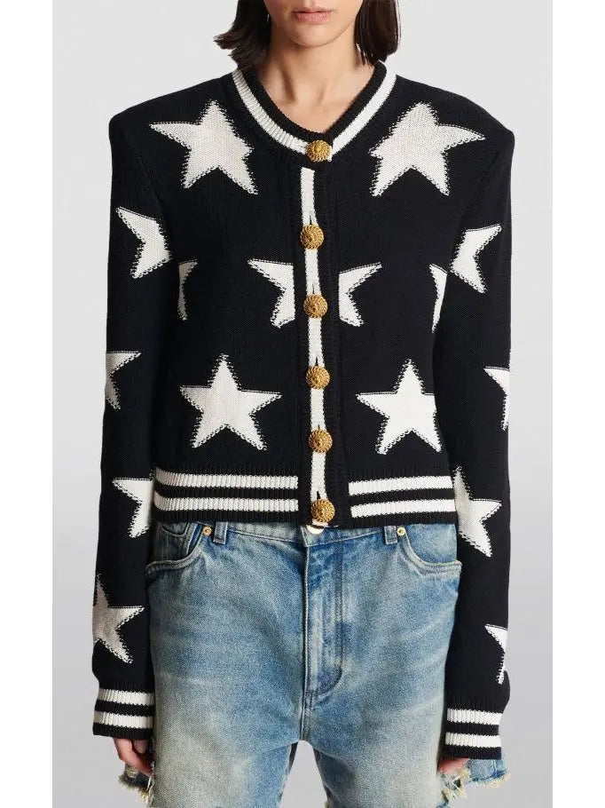 Buttoned Jacquard Star Knit Cardigan Sweater - Sweaters & Knitwear