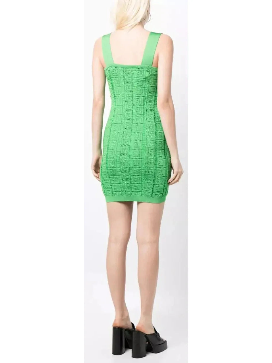 Buttoned Open-Knit Mini Dress Green - Dresses