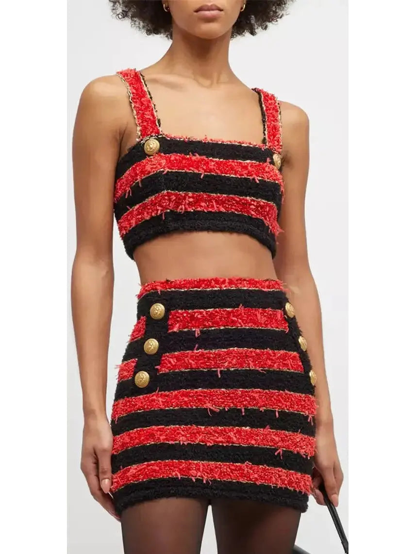 Buttoned Striped Tweed Cropped Top and Skirt Set Red & Black - s - Suits & Sets